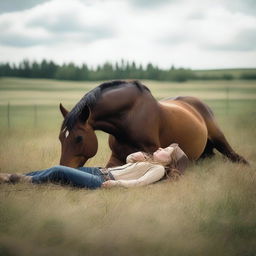 A horse laying on its side with its head down in a peaceful meadow