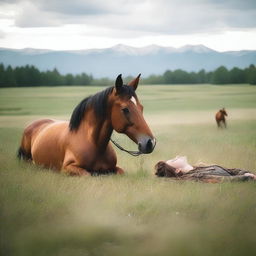 A horse laying on its side with its head down in a peaceful meadow