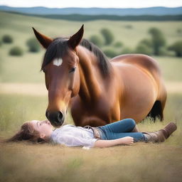 A horse laying on its side with its head down in a peaceful meadow