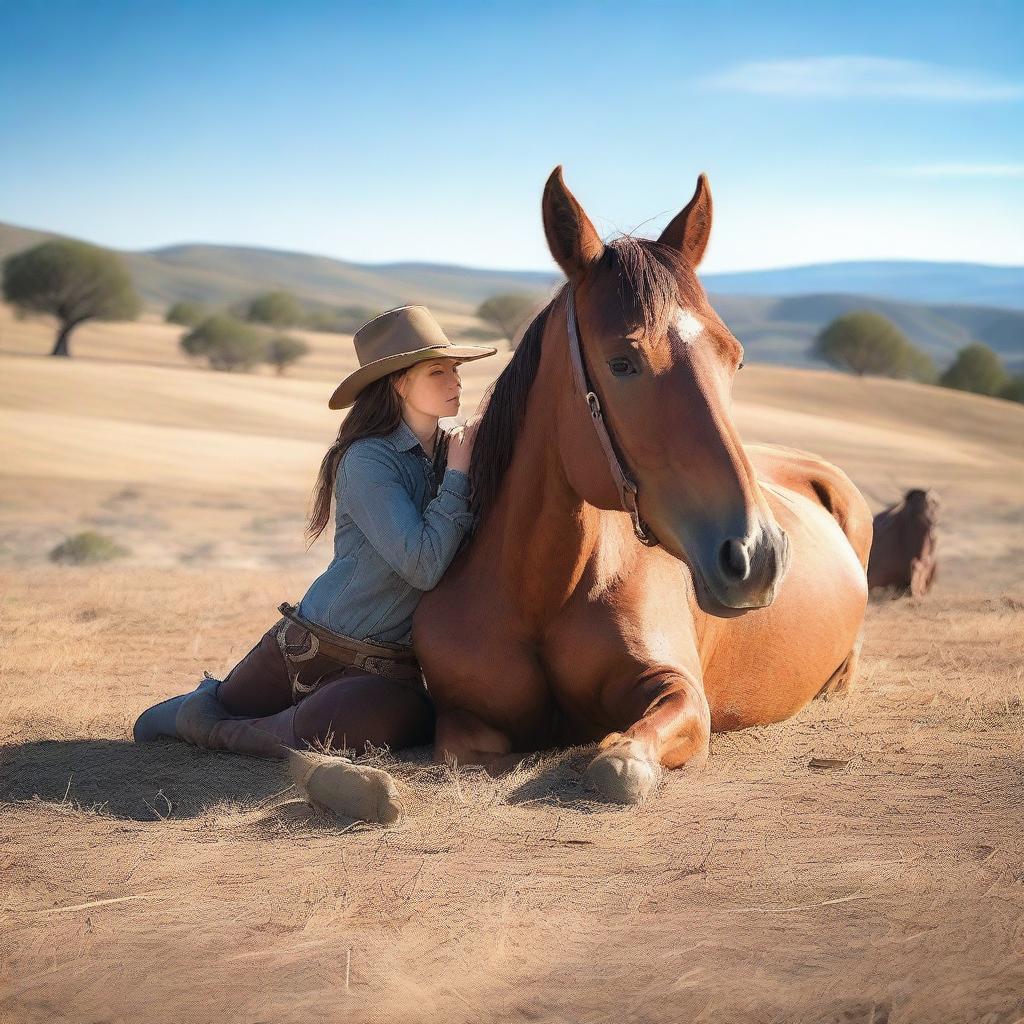 A serene scene featuring a horse laying on its side with its head down