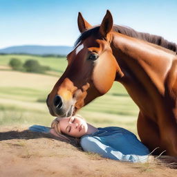 A serene scene featuring a horse laying on its side with its head down