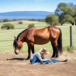 A serene scene featuring a horse laying on its side with its head down