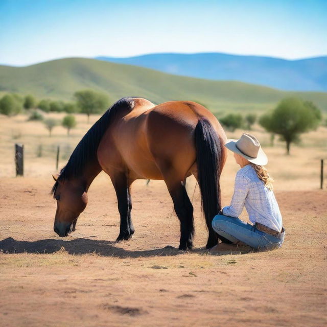 A serene scene featuring a horse laying on its side with its head down