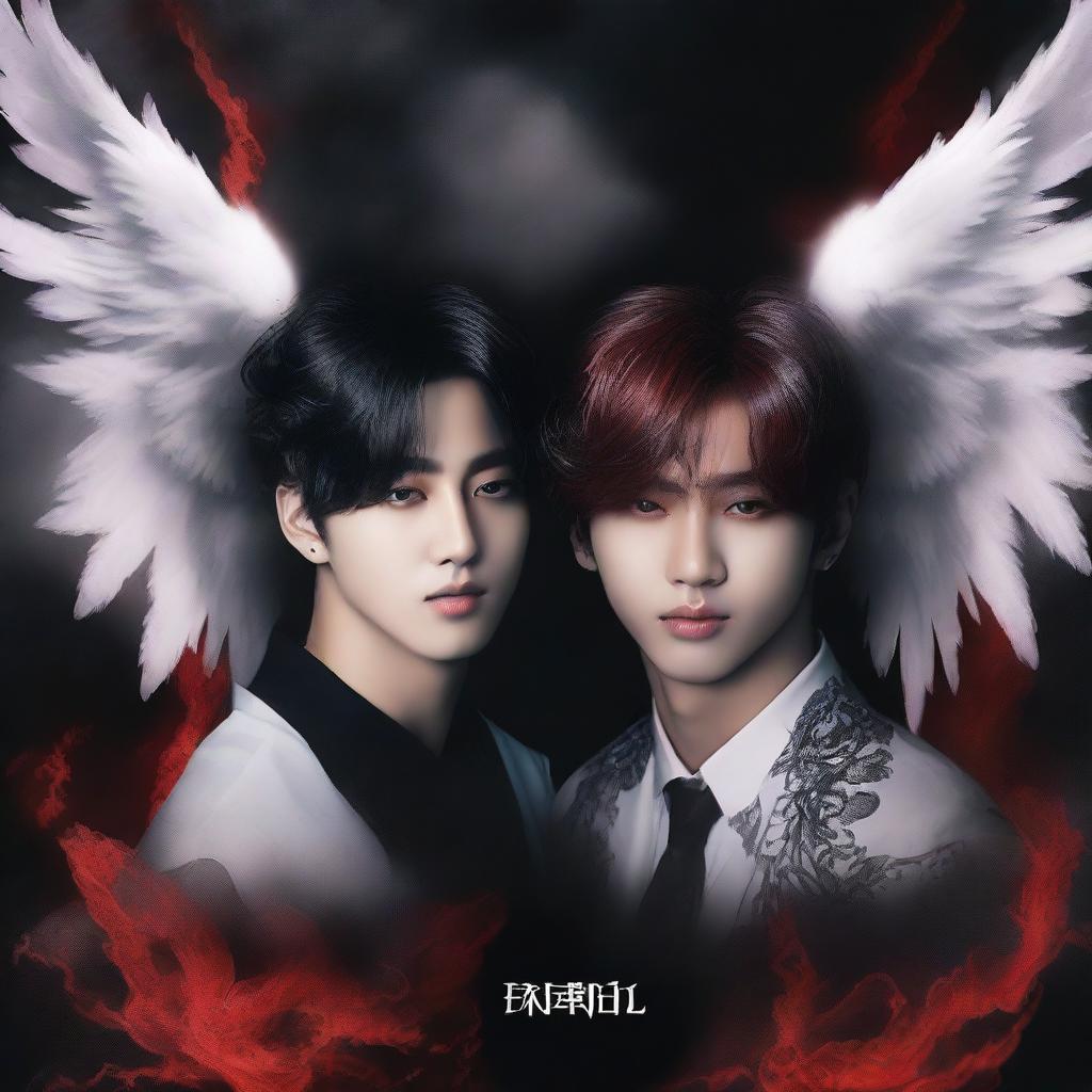 A fanfic cover featuring Jikook with a dark, infernal, and angelic theme