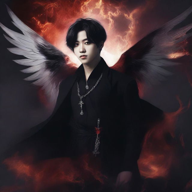 A fanfic cover featuring Jikook with a dark, infernal, and angelic theme