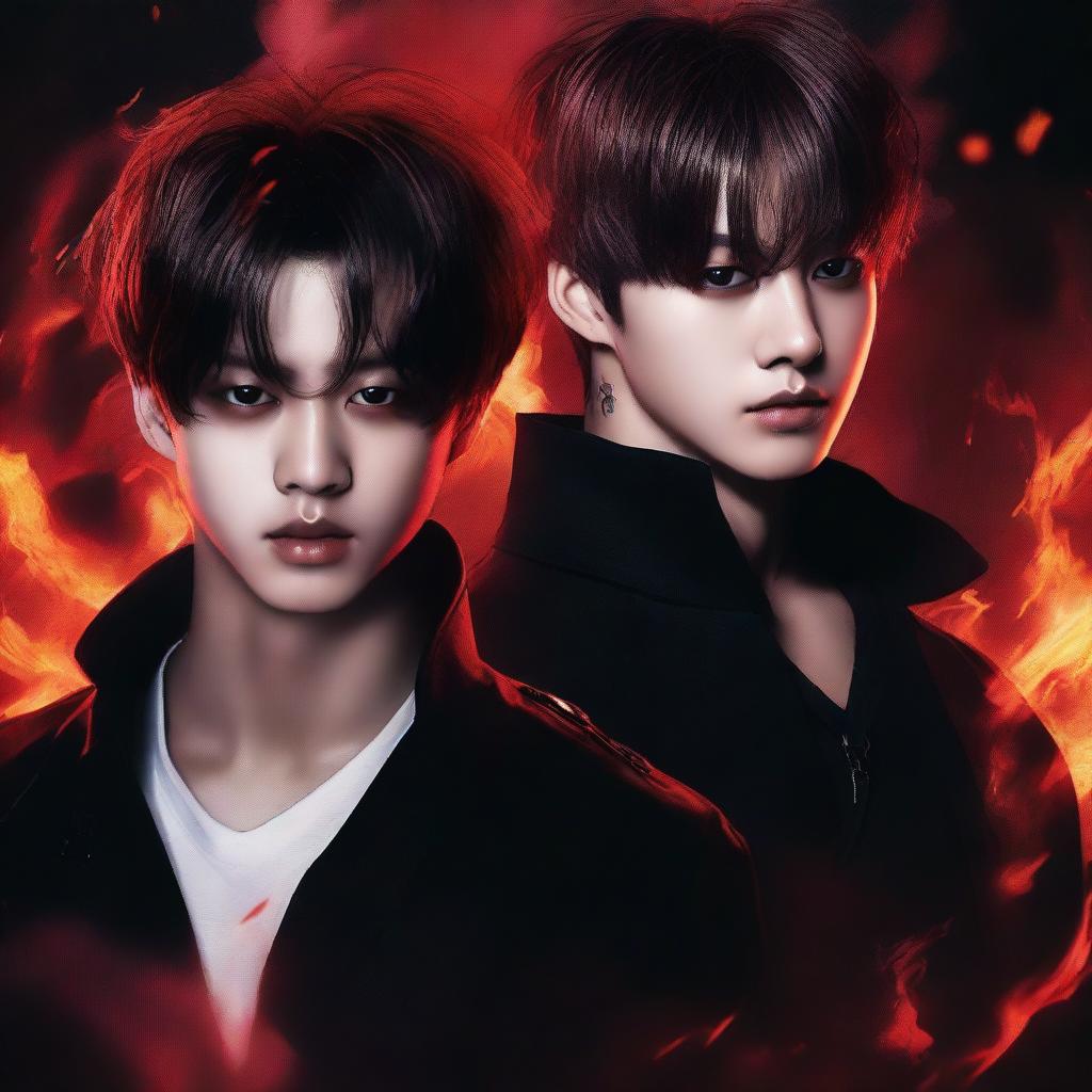 A dark, infernal-themed fanfic cover featuring Jikook