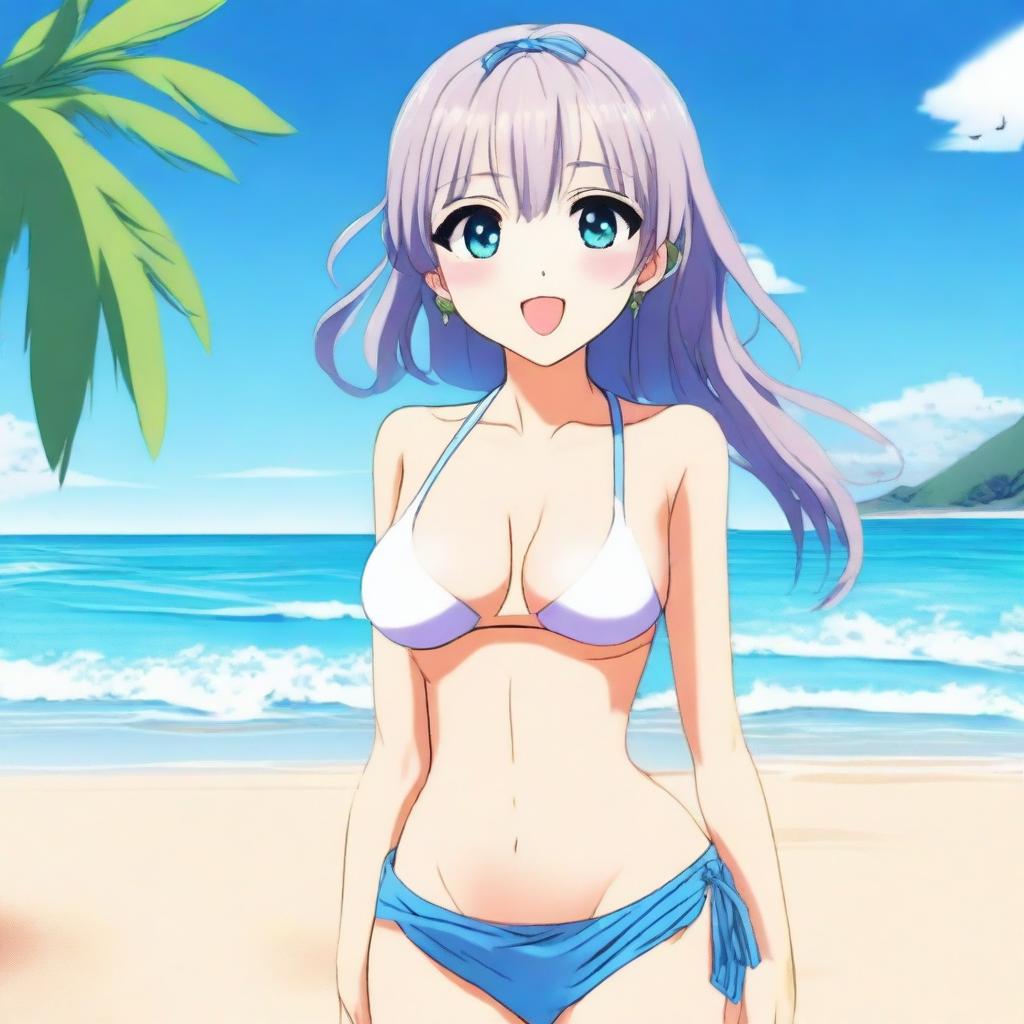 An anime girl wearing a bikini, standing on a sunny beach with clear blue skies and gentle waves in the background