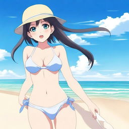 An anime girl wearing a bikini, standing on a sunny beach with clear blue skies and gentle waves in the background