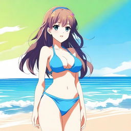 An anime girl wearing a bikini, standing on a sunny beach with clear blue skies and gentle waves in the background