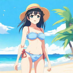 An anime girl wearing a bikini, standing on a sunny beach with clear blue skies and gentle waves in the background