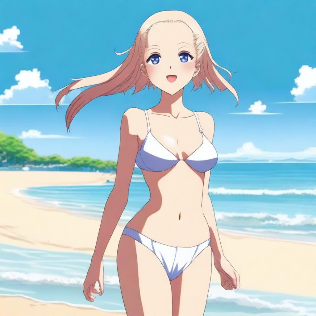 An anime girl with no hair, wearing a bikini, standing on a sunny beach with clear blue skies and gentle waves in the background