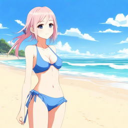 An anime girl with no hair, wearing a bikini, standing on a sunny beach with clear blue skies and gentle waves in the background