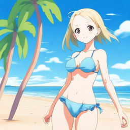An anime girl with no hair, wearing a bikini, standing on a sunny beach with clear blue skies and gentle waves in the background