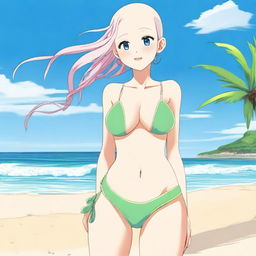 An anime girl with no hair, wearing a bikini, standing on a sunny beach with clear blue skies and gentle waves in the background