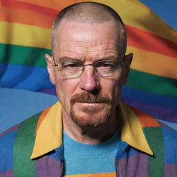 Walter White from Breaking Bad, depicted as confidently expressing his gay identity, colourfully embracing LGBTQ+ symbols such as a rainbow flag or pin, while still retaining his characteristic intensity and style.