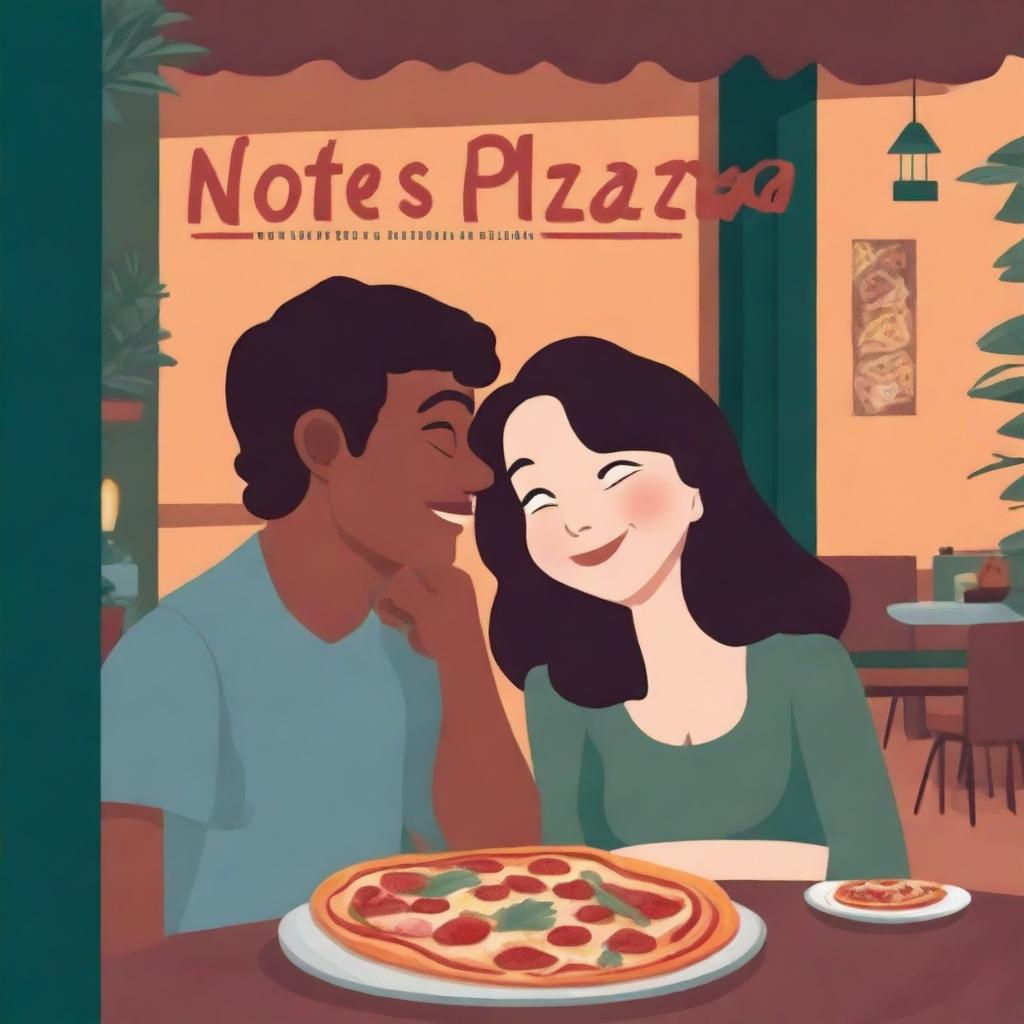 A romantic couple enjoying pizza at a cozy pizzeria at night