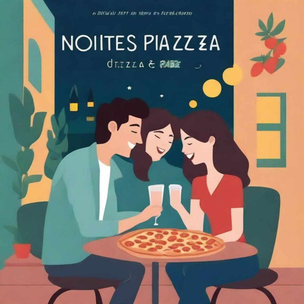 A romantic couple enjoying pizza at a cozy pizzeria at night