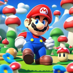 A detailed image of Mario from the popular video game series, wearing his iconic red hat with an 'M', blue overalls, and white gloves, set in the vibrant and colorful Mushroom Kingdom