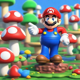 A detailed image of Mario from the popular video game series, wearing his iconic red hat with an 'M', blue overalls, and white gloves, set in the vibrant and colorful Mushroom Kingdom