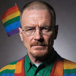 Walter White from Breaking Bad, depicted as confidently expressing his gay identity, colourfully embracing LGBTQ+ symbols such as a rainbow flag or pin, while still retaining his characteristic intensity and style.