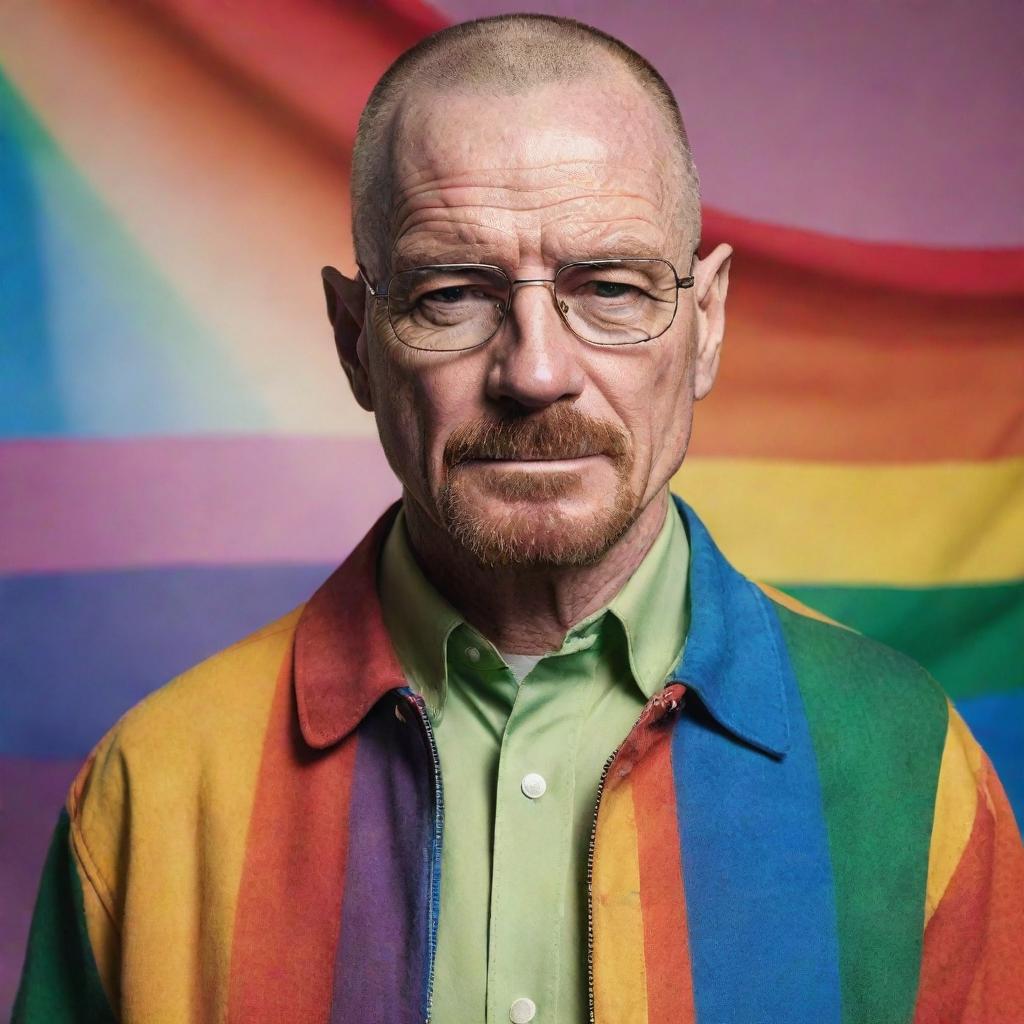 Walter White from Breaking Bad, depicted as confidently expressing his gay identity, colourfully embracing LGBTQ+ symbols such as a rainbow flag or pin, while still retaining his characteristic intensity and style.