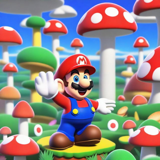 A detailed image of Mario from the popular video game series, wearing his iconic red hat with an 'M', blue overalls, and white gloves, set in the vibrant and colorful Mushroom Kingdom