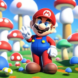 A detailed image of Mario from the popular video game series, wearing his iconic red hat with an 'M', blue overalls, and white gloves, set in the vibrant and colorful Mushroom Kingdom