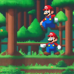 A pixelated image of Mario from the popular video game series, exploring a dense and vibrant forest