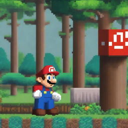 A pixelated image of Mario from the popular video game series, exploring a dense and vibrant forest