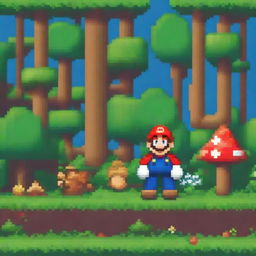 A pixelated image of Mario from the popular video game series, exploring a dense and vibrant forest