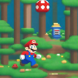 A pixelated image of Mario from the popular video game series, exploring a dense and vibrant forest