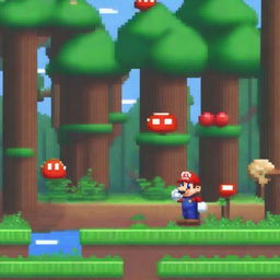 A pixel art image of Mario from the popular video game series, exploring a dense and vibrant forest