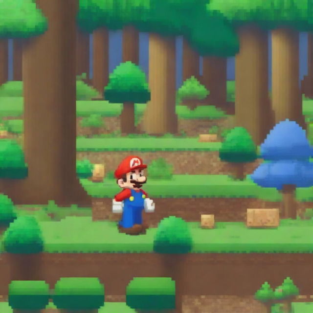 A pixel art image of Mario from the popular video game series, exploring a dense and vibrant forest