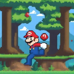 A pixel art image of Mario from the popular video game series, exploring a dense and vibrant forest