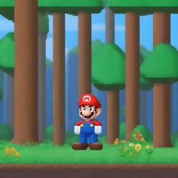 A pixel art image of Mario from the popular video game series, exploring a dense and vibrant forest