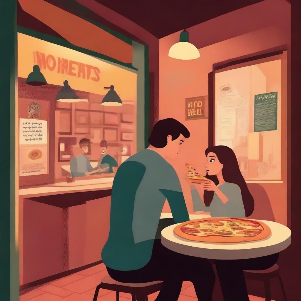 A romantic couple enjoying pizza at a cozy pizzeria at night