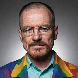 Walter White from Breaking Bad, depicted as confidently expressing his gay identity, colourfully embracing LGBTQ+ symbols such as a rainbow flag or pin, while still retaining his characteristic intensity and style.