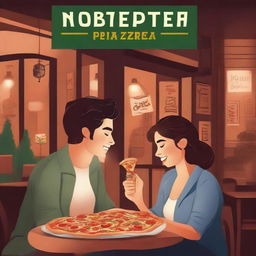 A romantic couple enjoying pizza at a cozy pizzeria at night