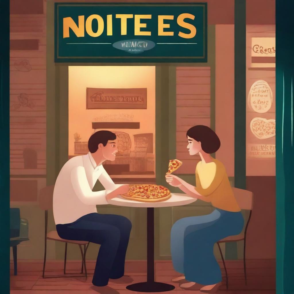 A romantic couple enjoying pizza at a cozy pizzeria at night