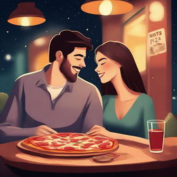 A romantic couple enjoying pizza at a cozy pizzeria at night