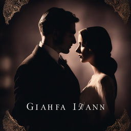 A mysterious novel cover with a dark background, featuring a lady and a man facing each other