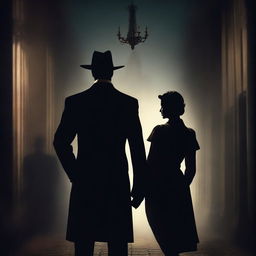 A mysterious novel cover with a dark background, featuring a lady and a man facing each other