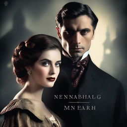 A mysterious novel cover with a dark background, featuring a lady and a man facing each other