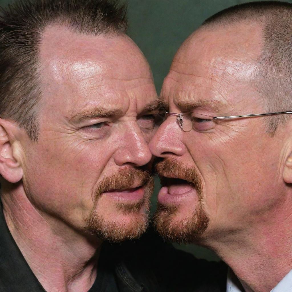 A picture of Walter White from Breaking Bad smooching Jesse Pinkman on the cheek in a lighthearted, familial manner, surprising both Jesse and the audience as it's out of character for the usually stern Walter White.