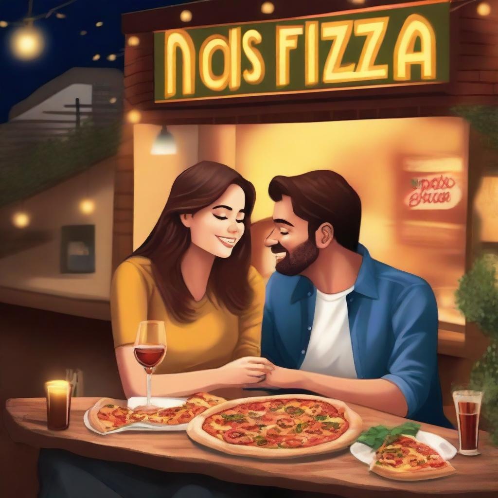 A romantic couple enjoying pizza at a cozy pizzeria at night