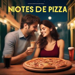 A romantic couple enjoying pizza at a cozy pizzeria at night