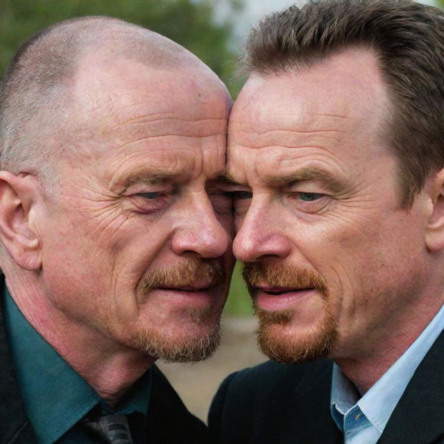 A picture of Walter White from Breaking Bad smooching Jesse Pinkman on the cheek in a lighthearted, familial manner, surprising both Jesse and the audience as it's out of character for the usually stern Walter White.