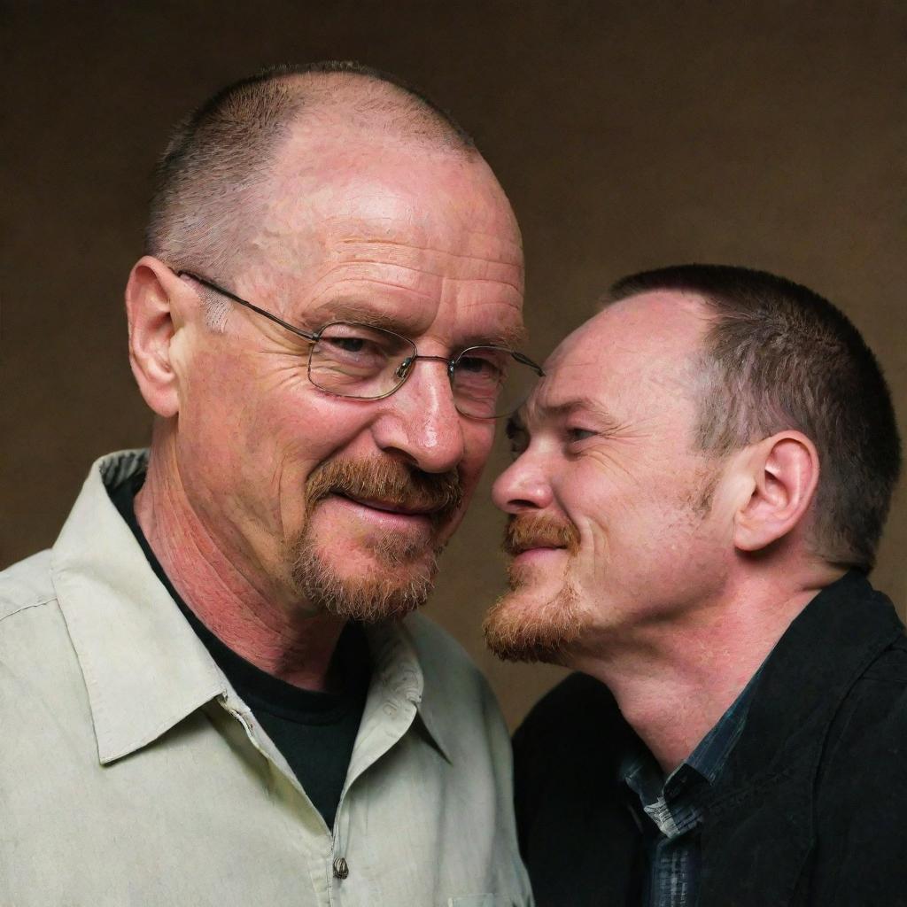 A picture of Walter White from Breaking Bad smooching Jesse Pinkman on the cheek in a lighthearted, familial manner, surprising both Jesse and the audience as it's out of character for the usually stern Walter White.