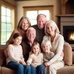 A warm and loving family portrait featuring parents, children, and possibly grandparents, all smiling and showing affection