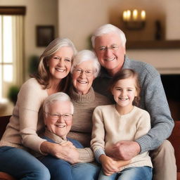 A warm and loving family portrait featuring parents, children, and possibly grandparents, all smiling and showing affection